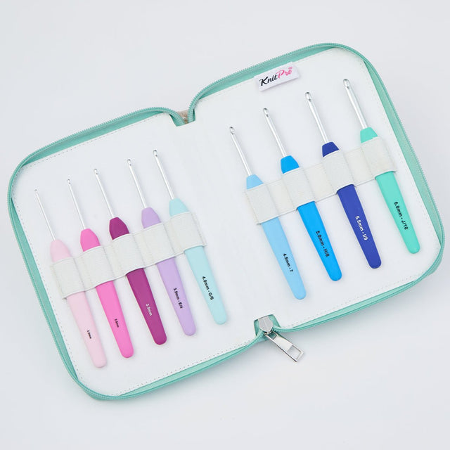 KnitPro Waves Single Ended Crochet Hook Deluxe Set - 9 Color - Coded Ergonomic Hooks 2.0, 2.5, 3.0, 3.5, 4.0, 4.5, 5.0, 5.5 & 6.0 mm - Leo Hobby Marketplace